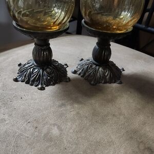 Vintage Amber Glass Candle Holders with Ornate Base